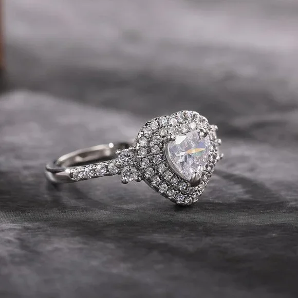 😍Diamond Heart CZ Shiny 14k White Gold Luxury Macro Pave Ring for Women, K852 - Picture 9 of 11